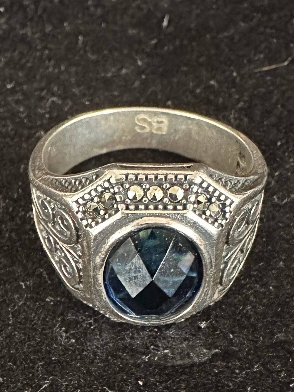 Men’s Silver Ring with Dark Blue Faceted Center Stone